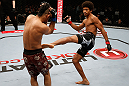 MACAU, MACAU - NOVEMBER 10: (R-L) Alex Caceres kicks Motonobu Tezuka during their bantamweight bout at the UFC Macao event inside CotaiArena on November 10, 2012 in Macau, Macau. (Photo by Josh Hedges/Zuffa LLC/Zuffa LLC via Getty Images)