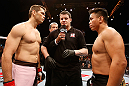 MACAU, MACAU - NOVEMBER 10: Opponents Rich Franklin (L) and Cung Le (R) receive final instructions from the referee before their middleweight bout at the UFC Macao event inside CotaiArena on November 10, 2012 in Macau, Macau. (Photo by Josh Hedges/Zuffa LLC/Zuffa LLC via Getty Images)
