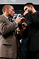 MONTREAL, CANADA - NOVEMBER 14:  (L-R) Opponents Georges St-Pierre and Carlos Condit face off during the final pre-fight press conference ahead of UFC 154 at New City Gas on November 14, 2012 in Montreal, Quebec, Canada.  (Photo by Josh Hedges/Zuffa LLC/Zuffa LLC via Getty Images)