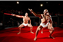 MONTREAL, CANADA - NOVEMBER 15:  Tom Lawlor performs a sumo workout routine for media and fans during an open training session ahead of UFC 154 at New City Gas on November 15, 2012 in Montreal, Quebec, Canada.  (Photo by Josh Hedges/Zuffa LLC/Zuffa LLC via Getty Images)