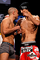 MONTREAL, CANADA - NOVEMBER 16:  (L-R) Opponents Mark Hominick and Pablo Garza face off during the official UFC 154 weigh in at New City Gas on November 16, 2012 in Montreal, Quebec, Canada.  (Photo by Josh Hedges/Zuffa LLC/Zuffa LLC via Getty Images)