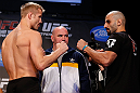 MONTREAL, CANADA - NOVEMBER 16:  (L-R) Nick Ring and Constantinos Philippou weigh in during the official UFC 154 weigh in at New City Gas on November 16, 2012 in Montreal, Quebec, Canada.  (Photo by Josh Hedges/Zuffa LLC/Zuffa LLC via Getty Images)