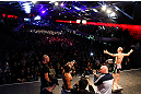 MONTREAL, CANADA - NOVEMBER 16: Martin Kampmann (R) weighs in as opponent Johny Hendricks looks on during the official UFC 154 weigh in at New City Gas on November 16, 2012 in Montreal, Quebec, Canada. (Photo by Josh Hedges/Zuffa LLC/Zuffa LLC via Getty Images)