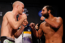 MONTREAL, CANADA - NOVEMBER 16: (L-R) Opponents Martin Kampmann and Johny Hendricks face off during the official UFC 154 weigh in at New City Gas on November 16, 2012 in Montreal, Quebec, Canada. (Photo by Josh Hedges/Zuffa LLC/Zuffa LLC via Getty Images)
