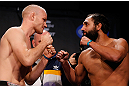 MONTREAL, CANADA - NOVEMBER 16: (L-R) Opponents Martin Kampmann and Johny Hendricks face off during the official UFC 154 weigh in at New City Gas on November 16, 2012 in Montreal, Quebec, Canada. (Photo by Josh Hedges/Zuffa LLC/Zuffa LLC via Getty Images)