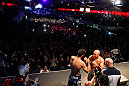 MONTREAL, CANADA - NOVEMBER 16: (R-L) opponents Georges St-Pierre and Carlos Condit face off during the official UFC 154 weigh in at New City Gas on November 16, 2012 in Montreal, Quebec, Canada. (Photo by Josh Hedges/Zuffa LLC/Zuffa LLC via Getty Images)