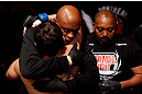 MONTREAL, QC - NOVEMBER 17:  Anderson da Silva hugs Rodrigo Damm (L) before his fight against Antonio Carvalho in their featherweight bout during UFC 154 on November 17, 2012  at the Bell Centre in Montreal, Canada.  (Photo by Josh Hedges/Zuffa LLC/Zuffa LLC via Getty Images)