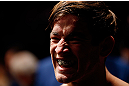 MONTREAL, QC - NOVEMBER 17:  Sam Stout looks on before fighting John Makdessi in their lightweight bout during UFC 154 on November 17, 2012  at the Bell Centre in Montreal, Canada.  (Photo by Josh Hedges/Zuffa LLC/Zuffa LLC via Getty Images)