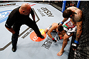 MONTREAL, QC - NOVEMBER 17:  Alessio Sakara punches Patrick Cote in the back of the head during their middleweight bout during UFC 154 on November 17, 2012  at the Bell Centre in Montreal, Canada. Sakara was later disqualified for the illegal punches. (Photo by Josh Hedges/Zuffa LLC/Zuffa LLC via Getty Images)