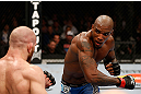MONTREAL, QC - NOVEMBER 17:  Tom Lawlor (L) fights against Francis Carmont in their middleweight bout during UFC 154 on November 17, 2012  at the Bell Centre in Montreal, Canada.  (Photo by Josh Hedges/Zuffa LLC/Zuffa LLC via Getty Images)