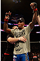 MONTREAL, QC - NOVEMBER 17:  Francis Carmont reacts after defeating Tom Lawlor to win their middleweight bout during UFC 154 on November 17, 2012  at the Bell Centre in Montreal, Canada.  (Photo by Josh Hedges/Zuffa LLC/Zuffa LLC via Getty Images)