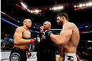 MONTREAL, QC - NOVEMBER 17:  Carlos Condit (R) and Georges St-Pierre prepare to fight in their welterweight title bout during UFC 154 on November 17, 2012  at the Bell Centre in Montreal, Canada.  (Photo by Josh Hedges/Zuffa LLC/Zuffa LLC via Getty Images)