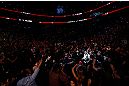 MONTREAL, QC - NOVEMBER 17:  Georges St-Pierre walks into the arena prior to fighting against Carlos Condit for the welterweight title bout during UFC 154 on November 17, 2012  at the Bell Centre in Montreal, Canada.  (Photo by Josh Hedges/Zuffa LLC/Zuffa LLC via Getty Images)