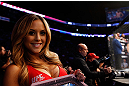 MONTREAL, QC - NOVEMBER 17:  UFC Octagon Girl Brittney Palmer introduces a round during UFC 154 on November 17, 2012  at the Bell Centre in Montreal, Canada.  (Photo by Josh Hedges/Zuffa LLC/Zuffa LLC via Getty Images)