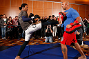 SEATTLE, WA - DECEMBER 05:  Benson Henderson works out for fans and media during the UFC on FOX open workouts on December 5, 2012  at the Grand Hyatt Seattle in Seattle, Washington.  (Photo by Josh Hedges/Zuffa LLC/Zuffa LLC via Getty Images)