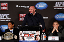 SEATTLE, WA - DECEMBER 06:  UFC President Dana White (C), flanked by Benson Henderson (L) and Nate Diaz, interacts with media during the UFC on FOX press conference on December 6, 2012  at Key Arena in Seattle, Washington.  (Photo by Josh Hedges/Zuffa LLC/Zuffa LLC via Getty Images)