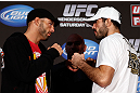 SEATTLE, WA - DECEMBER 06:  (L-R) Opponents Mike Swick and Matt Brown face off during the UFC on FOX press conference on December 6, 2012  at Key Arena in Seattle, Washington.  (Photo by Josh Hedges/Zuffa LLC/Zuffa LLC via Getty Images)