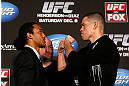 SEATTLE, WA - DECEMBER 06:  (L-R) Opponents Benson Henderson and Nate Diaz face off during the UFC on FOX press conference on December 6, 2012 at Key Arena in Seattle, Washington.  (Photo by Josh Hedges/Zuffa LLC/Zuffa LLC via Getty Images)