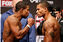 SEATTLE, WA - DECEMBER 07:  (L-R) Opponents Marcus LeVesseur and Abel Trujillo face off during the official UFC on FOX weigh in on December 7, 2012 at Key Arena in Seattle, Washington.  (Photo by Josh Hedges/Zuffa LLC/Zuffa LLC via Getty Images)