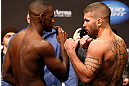 SEATTLE, WA - DECEMBER 07:  (L-R) Opponents Yves Edwards and Jeremy Stephens face off during the official UFC on FOX weigh in on December 7, 2012 at Key Arena in Seattle, Washington.  (Photo by Josh Hedges/Zuffa LLC/Zuffa LLC via Getty Images)