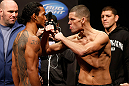 SEATTLE, WA - DECEMBER 07:  (L-R) Opponents Benson Henderson and Nate Diaz face off during the official UFC on FOX weigh in on December 7, 2012 at Key Arena in Seattle, Washington.  (Photo by Josh Hedges/Zuffa LLC/Zuffa LLC via Getty Images)