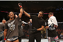 SEATTLE, WA - DECEMBER 08:  Benson Henderson (left) reacts to his victory over Nate Diaz (right) after their lightweight championship bout at the UFC on FOX event on December 8, 2012  at Key Arena in Seattle, Washington.  (Photo by Ezra Shaw/Zuffa LLC/Zuffa LLC via Getty Images) *** Local Caption *** Benson Henderson; Nate Diaz