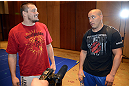 LAS VEGAS, NV - DECEMBER 13:  UFC fighters Matt Mitrione (L) and Pat Barry speak to the media during the Ultimate Fighter 16 Finale open workouts at The Joint at the Hard Rock Hotel and Casino on December 13, 2012 in Las Vegas, Nevada.  (Photo by Jeff Bottari/Zuffa LLC/Zuffa LLC)