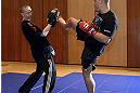 LAS VEGAS, NV - DECEMBER 13:  UFC fighter Pat Barry (R) works out for the media during the Ultimate Fighter 16 Finale open workouts at The Joint at the Hard Rock Hotel and Casino on December 13, 2012 in Las Vegas, Nevada.  (Photo by Jeff Bottari/Zuffa LLC/Zuffa LLC)
