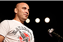 GOLD COAST, AUSTRALIA - DECEMBER 14:  Fellow UFC fighter Brian Ebersole asks a question of Dan Hardy during a Q&A session before the UFC on FX weigh in on December 14, 2012 at Gold Coast Convention and Exhibition Centre in Gold Coast, Queensland, Australia.  (Photo by Josh Hedges/Zuffa LLC/Zuffa LLC via Getty Images)
