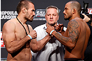 GOLD COAST, AUSTRALIA - DECEMBER 14:  (L-R) Opponents Igor Pokrajac and Joey Beltran face off during the UFC on FX weigh in on December 14, 2012 at Gold Coast Convention and Exhibition Centre in Gold Coast, Queensland, Australia.  (Photo by Josh Hedges/Zuffa LLC/Zuffa LLC via Getty Images)