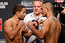 GOLD COAST, AUSTRALIA - DECEMBER 14:  (L-R) Opponents Chad Mendes and Yaotzin Meza face off during the UFC on FX weigh in on December 14, 2012 at Gold Coast Convention and Exhibition Centre in Gold Coast, Queensland, Australia.  (Photo by Josh Hedges/Zuffa LLC/Zuffa LLC via Getty Images)