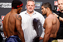 GOLD COAST, AUSTRALIA - DECEMBER 14:  (L-R) Opponents Hector Lombard and Rousimar Palhares face off during the UFC on FX weigh in on December 14, 2012 at Gold Coast Convention and Exhibition Centre in Gold Coast, Queensland, Australia.  (Photo by Josh Hedges/Zuffa LLC/Zuffa LLC via Getty Images)