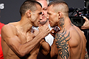 GOLD COAST, AUSTRALIA - DECEMBER 14:  (L-R) Opponents George Sotiropoulos and Ross Pearson face off during the UFC on FX weigh in on December 14, 2012 at Gold Coast Convention and Exhibition Centre in Gold Coast, Queensland, Australia.  (Photo by Josh Hedges/Zuffa LLC/Zuffa LLC via Getty Images)