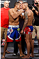 GOLD COAST, AUSTRALIA - DECEMBER 14:  (L-R) Opponents George Sotiropoulos and Ross Pearson face off during the UFC on FX weigh in on December 14, 2012 at Gold Coast Convention and Exhibition Centre in Gold Coast, Queensland, Australia.  (Photo by Josh Hedges/Zuffa LLC/Zuffa LLC via Getty Images)