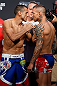 GOLD COAST, AUSTRALIA - DECEMBER 14:  (L-R) Opponents George Sotiropoulos and Ross Pearson face off during the UFC on FX weigh in on December 14, 2012 at Gold Coast Convention and Exhibition Centre in Gold Coast, Queensland, Australia.  (Photo by Josh Hedges/Zuffa LLC/Zuffa LLC via Getty Images)