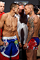 GOLD COAST, AUSTRALIA - DECEMBER 14:  (L-R) Opponents George Sotiropoulos and Ross Pearson face off during the UFC on FX weigh in on December 14, 2012 at Gold Coast Convention and Exhibition Centre in Gold Coast, Queensland, Australia.  (Photo by Josh Hedges/Zuffa LLC/Zuffa LLC via Getty Images)