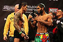LAS VEGAS, NV - DECEMBER 14:  (L-R) Reuben Duran and Hugo Viana face off during TUF 16 Finale weigh in on December 14, 2012  at the Joint at the Hard Rock in Las Vegas, Nevada.  (Photo by Jim Kemper/Zuffa LLC/Zuffa LLC via Getty Images)