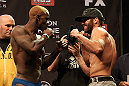 LAS VEGAS, NV - DECEMBER 14:  (L-R) Melvin Guillard and Jamie Varner face off during TUF 16 Finale weigh in on December 14, 2012  at the Joint at the Hard Rock in Las Vegas, Nevada.  (Photo by Jim Kemper/Zuffa LLC/Zuffa LLC via Getty Images)