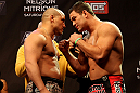 LAS VEGAS, NV - DECEMBER 14:  (L-R) Pat Barry and Shane Del Rosario face off during TUF 16 Finale weigh in on December 14, 2012  at the Joint at the Hard Rock in Las Vegas, Nevada.  (Photo by Jim Kemper/Zuffa LLC/Zuffa LLC via Getty Images)