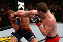 GOLD COAST, AUSTRALIA - DECEMBER 15:  (R-L) Brendan Loughnan punches Mike Wilkinson during their lightweight fight at the UFC on FX event on December 15, 2012  at Gold Coast Convention and Exhibition Centre in Gold Coast, Australia.  (Photo by Josh Hedges/Zuffa LLC/Zuffa LLC via Getty Images)