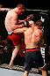 GOLD COAST, AUSTRALIA - DECEMBER 15:  (L-R) Brendan Loughnane delivers a flying knee against Mike Wilkinson during their lightweight fight at the UFC on FX event on December 15, 2012  at Gold Coast Convention and Exhibition Centre in Gold Coast, Australia.  (Photo by Josh Hedges/Zuffa LLC/Zuffa LLC via Getty Images)