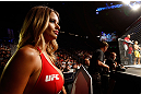 GOLD COAST, AUSTRALIA - DECEMBER 15:  UFC Octagon Girl Kahili Blundell prepares to introduce a round during the UFC on FX event on December 15, 2012  at Gold Coast Convention and Exhibition Centre in Gold Coast, Australia.  (Photo by Josh Hedges/Zuffa LLC/Zuffa LLC via Getty Images)