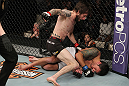 LAS VEGAS, NV - DECEMBER 15:  (L-R) Johnny Bedford punches Marcos Vinicius during their bantamweight fight at the TUF 16 Finale on December 15, 2012  at the Joint at the Hard Rock in Las Vegas, Nevada.  (Photo by Jim Kemper/Zuffa LLC/Zuffa LLC via Getty Images) *** Local Caption *** Johny Bedford; Marcos Vinicius