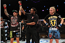 LAS VEGAS, NV - DECEMBER 15:  Dustin Poirier (left) reacts to being declared the winner in his fight against Jonathan Brookins (right) during their featherweight fight at the TUF 16 Finale on December 15, 2012  at the Joint at the Hard Rock in Las Vegas, Nevada.  (Photo by Jim Kemper/Zuffa LLC/Zuffa LLC via Getty Images) *** Local Caption *** Dustn Poirier; Jonathan Brookins