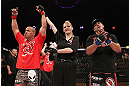 LAS VEGAS, NV - DECEMBER 15:  Pat Barry (left) reacts to being declared the winner over Shane Del Rosario (right) after their heavyweight fight at the TUF 16 Finale on December 15, 2012  at the Joint at the Hard Rock in Las Vegas, Nevada.  (Photo by Jim Kemper/Zuffa LLC/Zuffa LLC via Getty Images) *** Local Caption *** Pat Barry; Shane Del Rosario