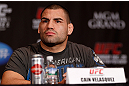 LAS VEGAS, NV - DECEMBER 27:  Cain Velasquez interacts with media during the final UFC 155 pre-fight press conference on December 27, 2012 at MGM Grand in Las Vegas, Nevada. (Photo by Josh Hedges/Zuffa LLC/Zuffa LLC via Getty Images)