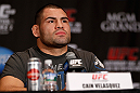 LAS VEGAS, NV - DECEMBER 27:  Cain Velasquez interacts with media during the final UFC 155 pre-fight press conference on December 27, 2012 at MGM Grand in Las Vegas, Nevada. (Photo by Josh Hedges/Zuffa LLC/Zuffa LLC via Getty Images)