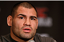 LAS VEGAS, NV - DECEMBER 27:  Cain Velasquez interacts with media during the final UFC 155 pre-fight press conference on December 27, 2012 at MGM Grand in Las Vegas, Nevada. (Photo by Josh Hedges/Zuffa LLC/Zuffa LLC via Getty Images)