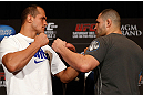 LAS VEGAS, NV - DECEMBER 27:  (L-R) Opponents Junior dos Santos and Cain Velasquez face off during the final UFC 155 pre-fight press conference on December 27, 2012 at MGM Grand in Las Vegas, Nevada. (Photo by Josh Hedges/Zuffa LLC/Zuffa LLC via Getty Images)