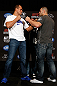 LAS VEGAS, NV - DECEMBER 27:  (L-R) Opponents Junior dos Santos and Cain Velasquez face off during the final UFC 155 pre-fight press conference on December 27, 2012 at MGM Grand in Las Vegas, Nevada. (Photo by Josh Hedges/Zuffa LLC/Zuffa LLC via Getty Images)